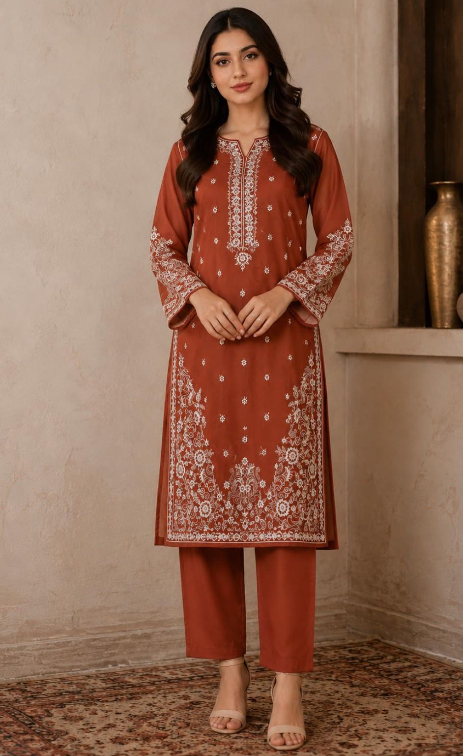 Women's Orange Embroidered 2-Piece