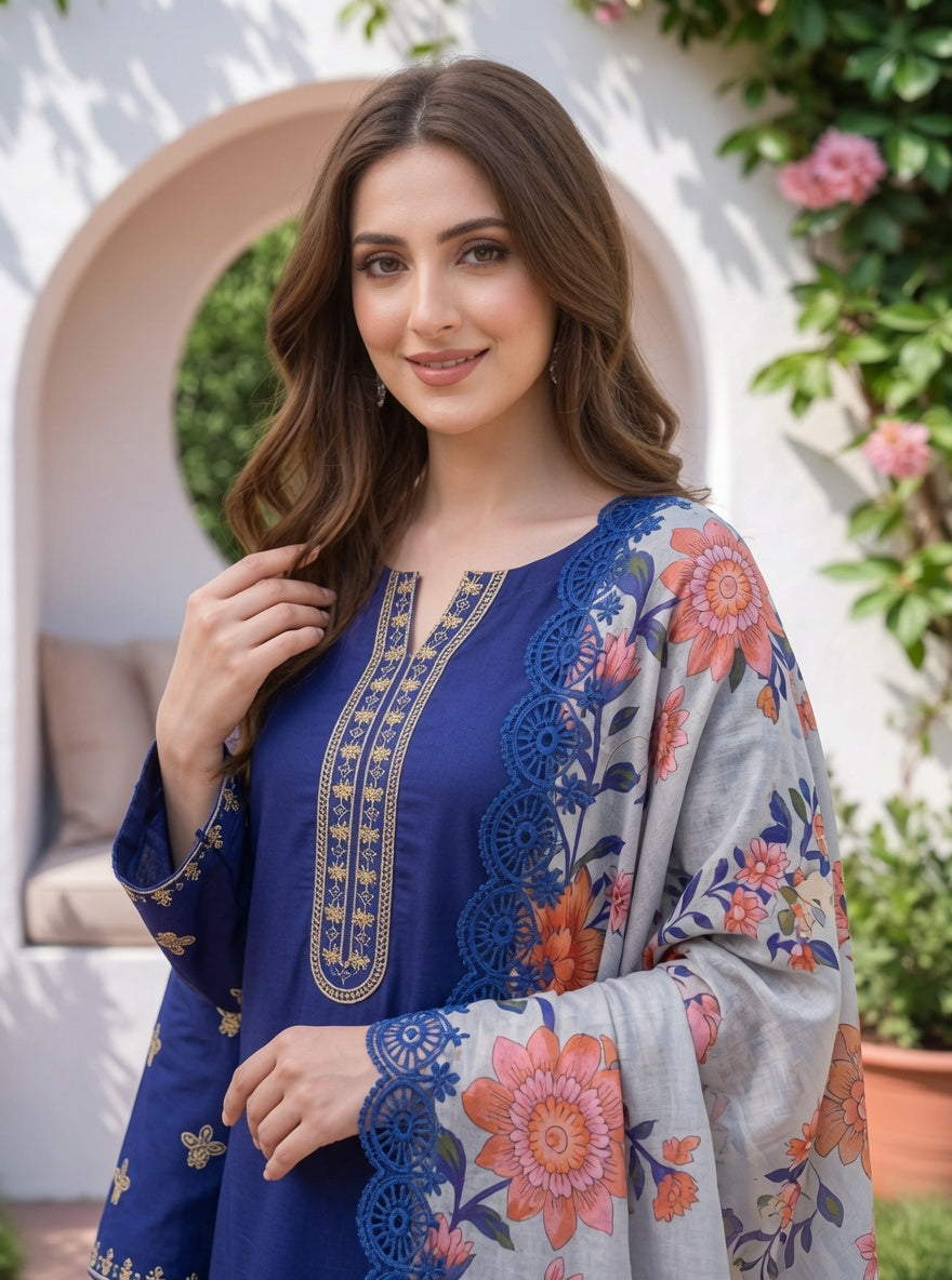 Royal Blue Embroidered 3-Piece Lawn Suit