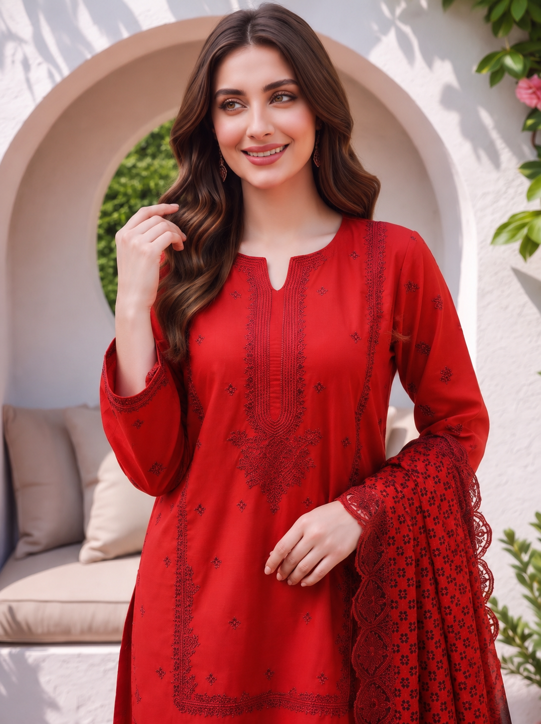 Elegant Red Embroidered 3-Piece Suit