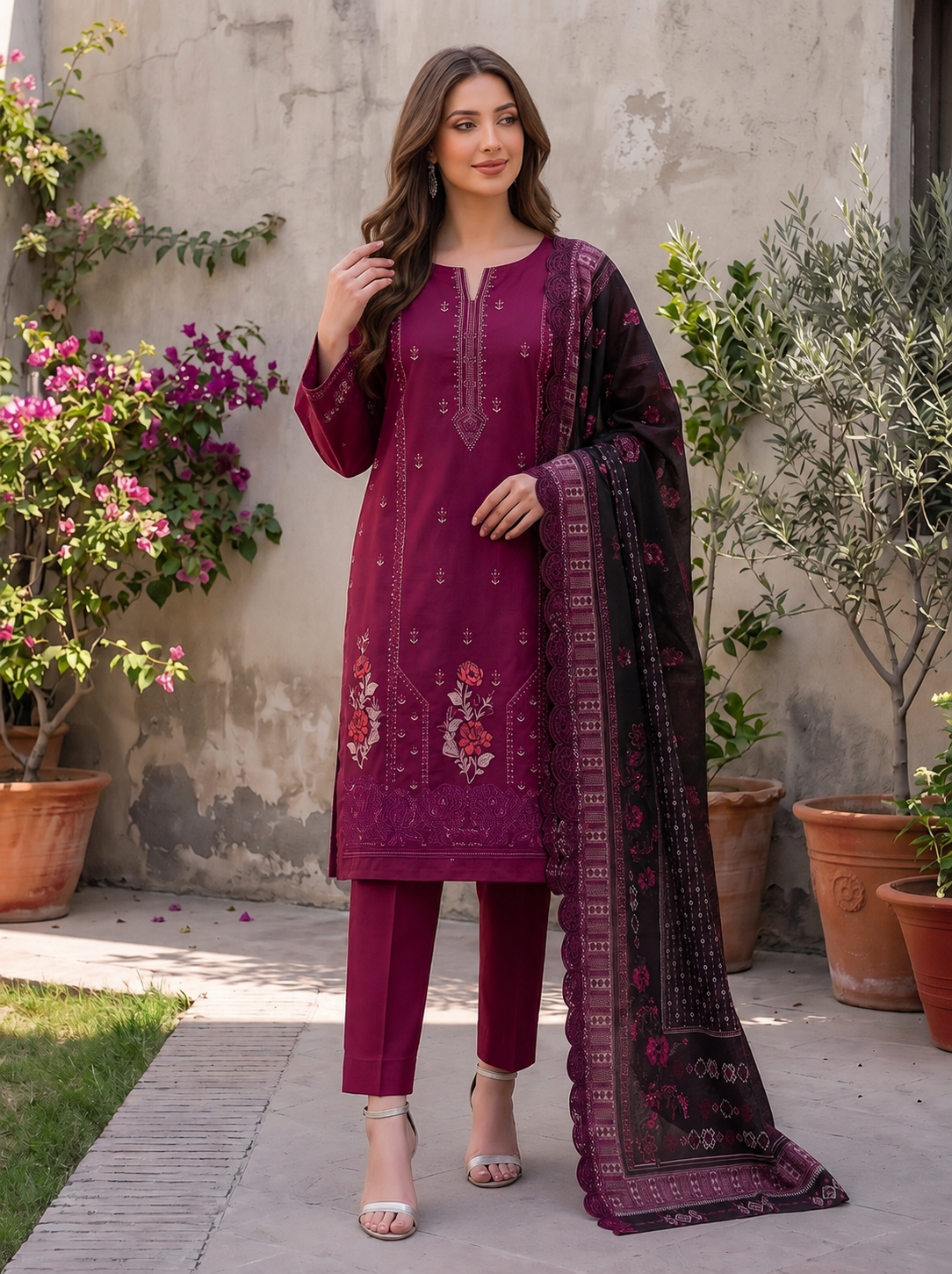 Elegant Maroon Emborioded 3-Piece Lawn Suit