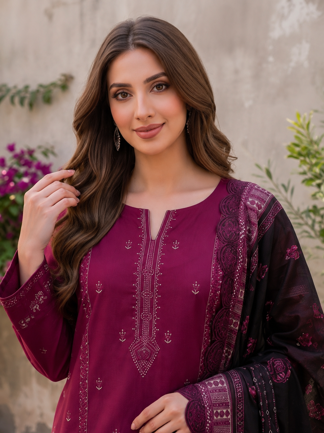 Elegant Maroon Emborioded 3-Piece Lawn Suit