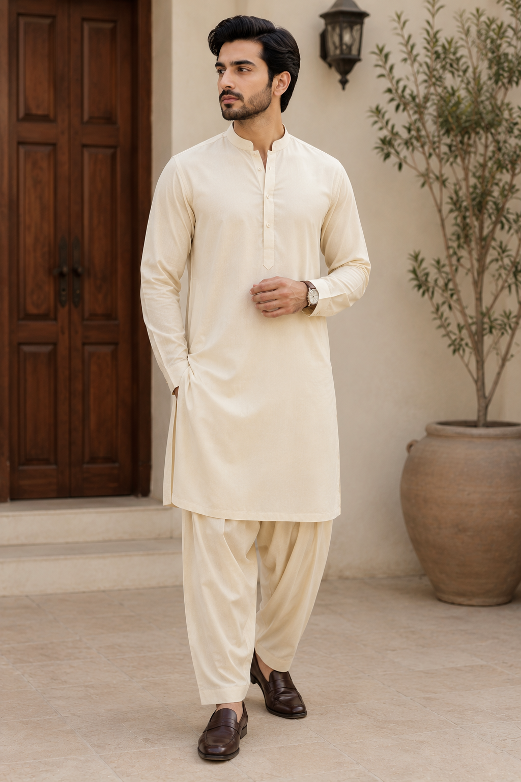 Cream Men's Classic Shalwar Kameez