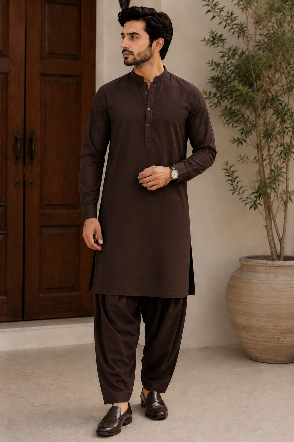 Men's Premium Dark Brown Wash & Wear Shalwar Kameez