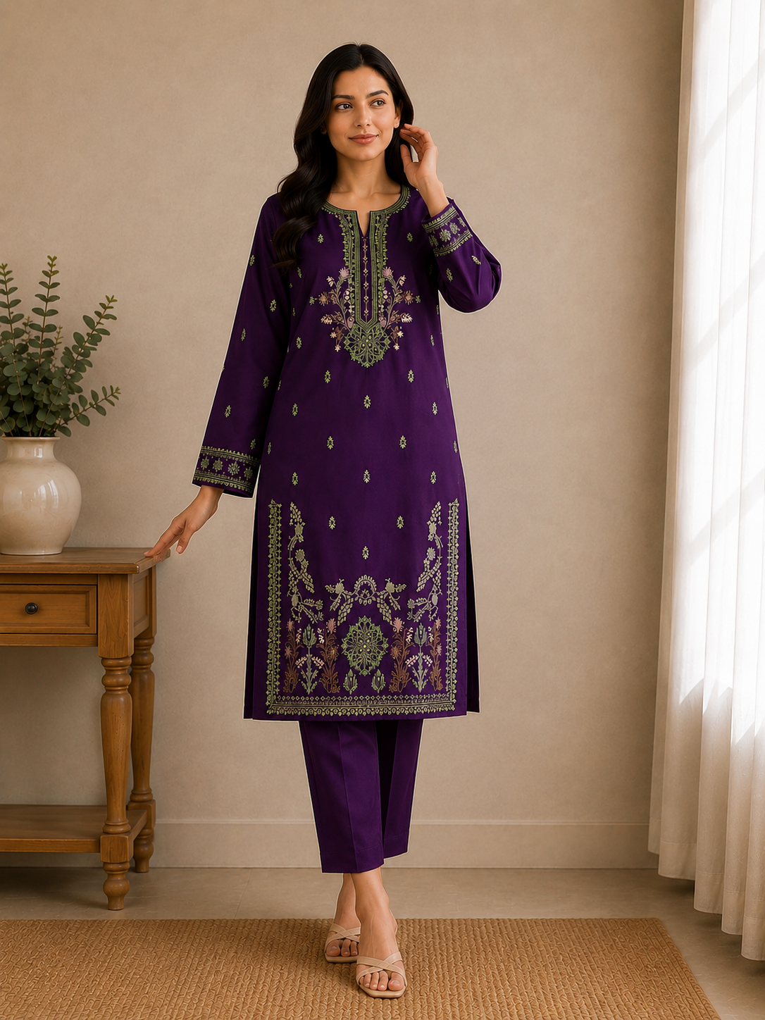 Purple Embroidered Lawn Kurta Trouser Set for Women