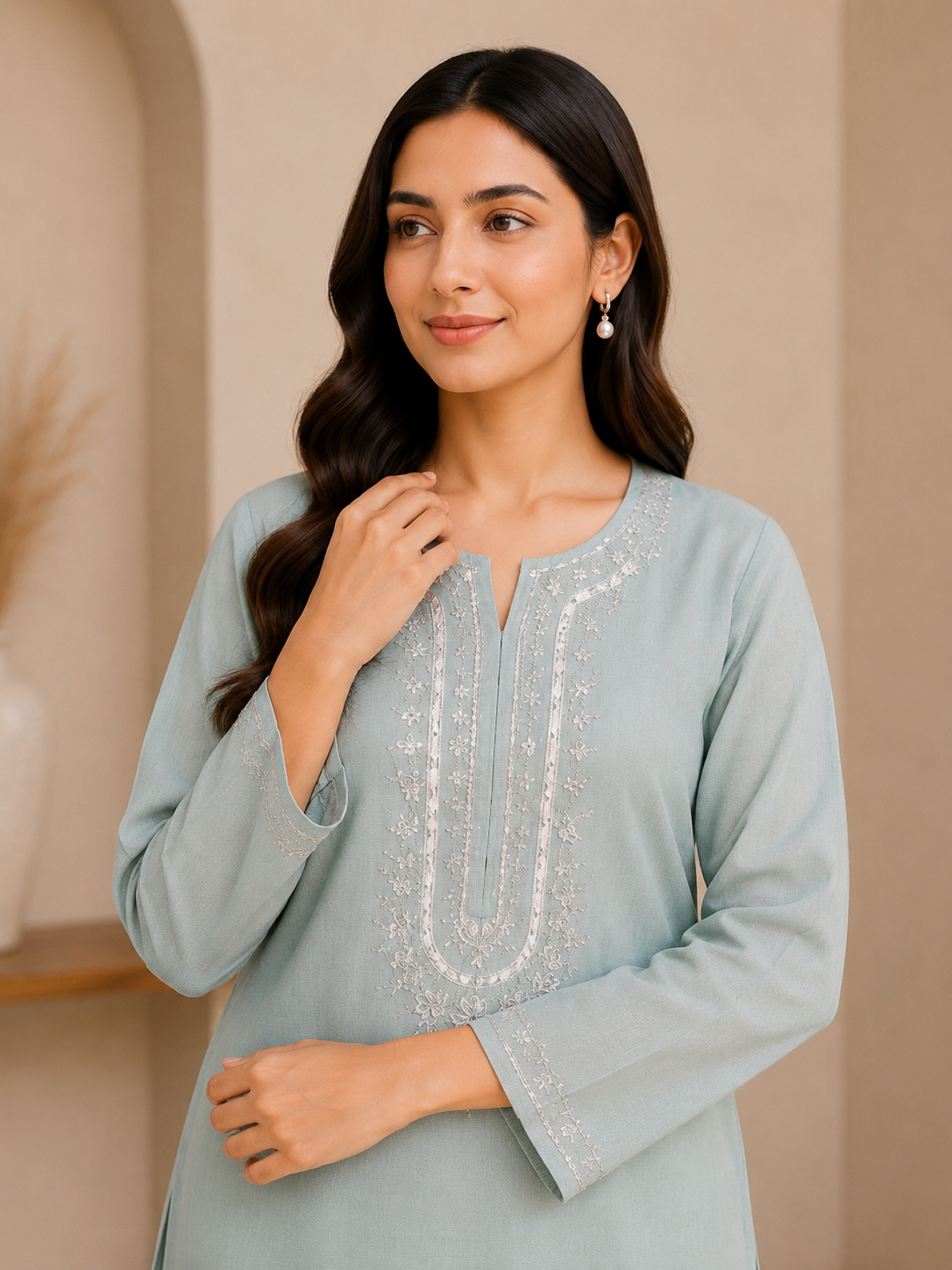 Pastel Mint Embroidered Kurta & Trouser Set for Women