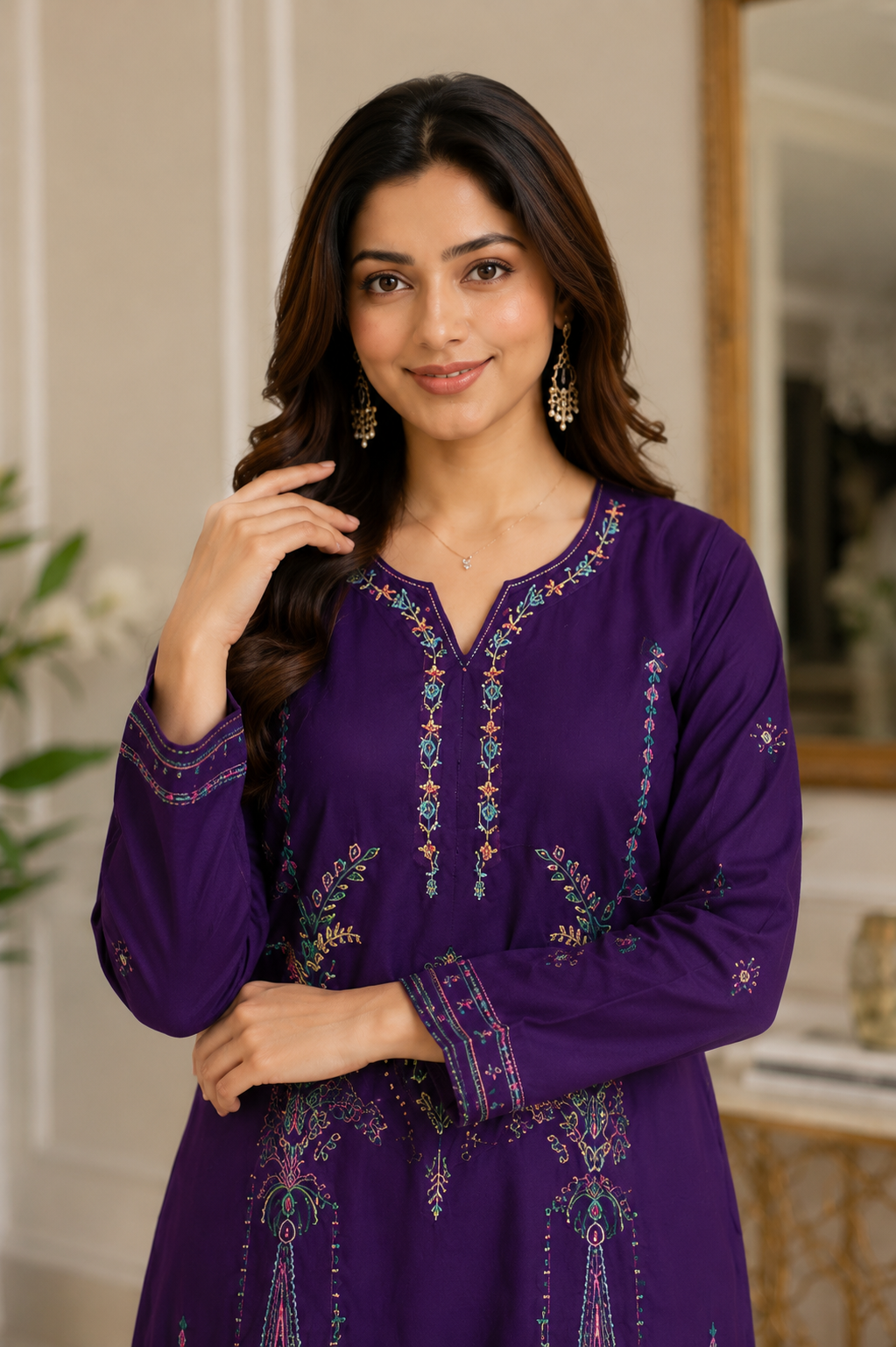 Royal Purple Embroidered Kurta Set for Women