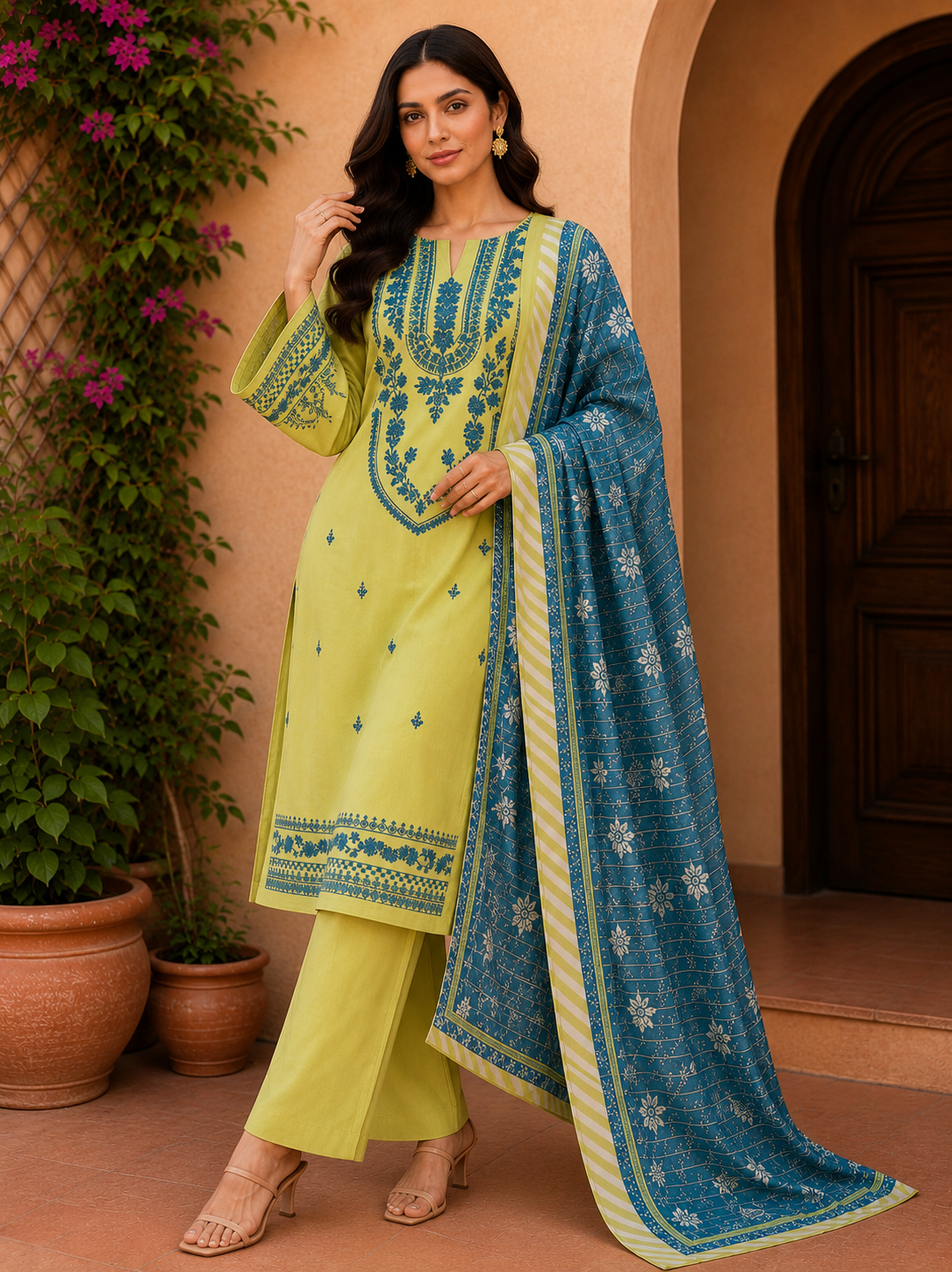 Lime Green Embroidered 3-Piece Lawn Suit with Printed Dupatta