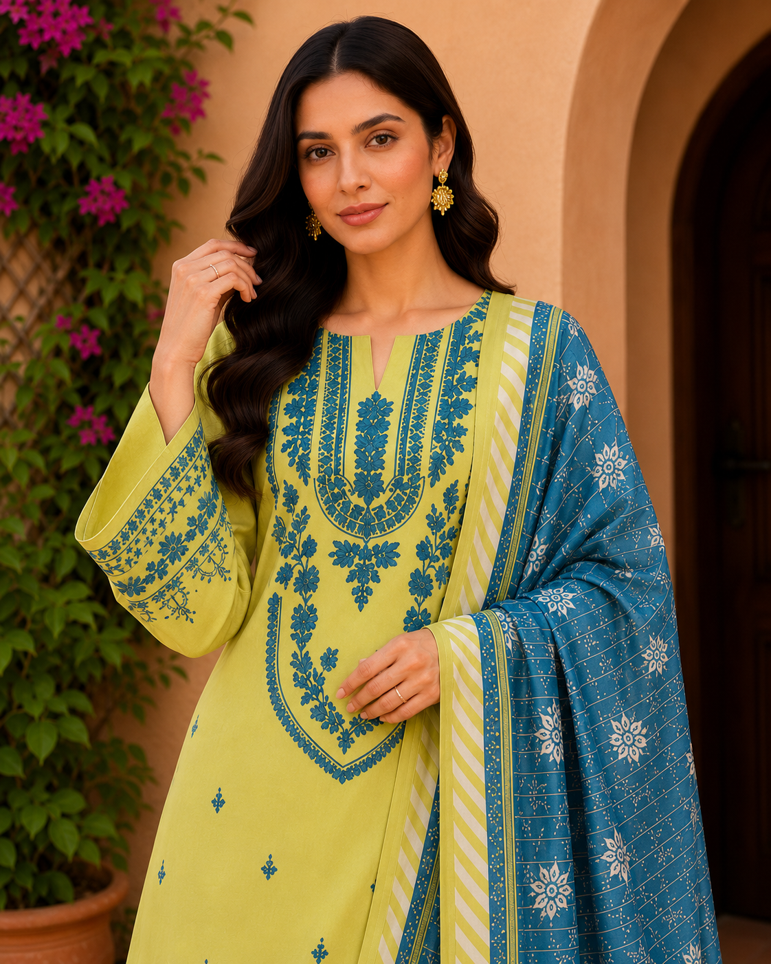Lime Green Embroidered 3-Piece Lawn Suit with Printed Dupatta