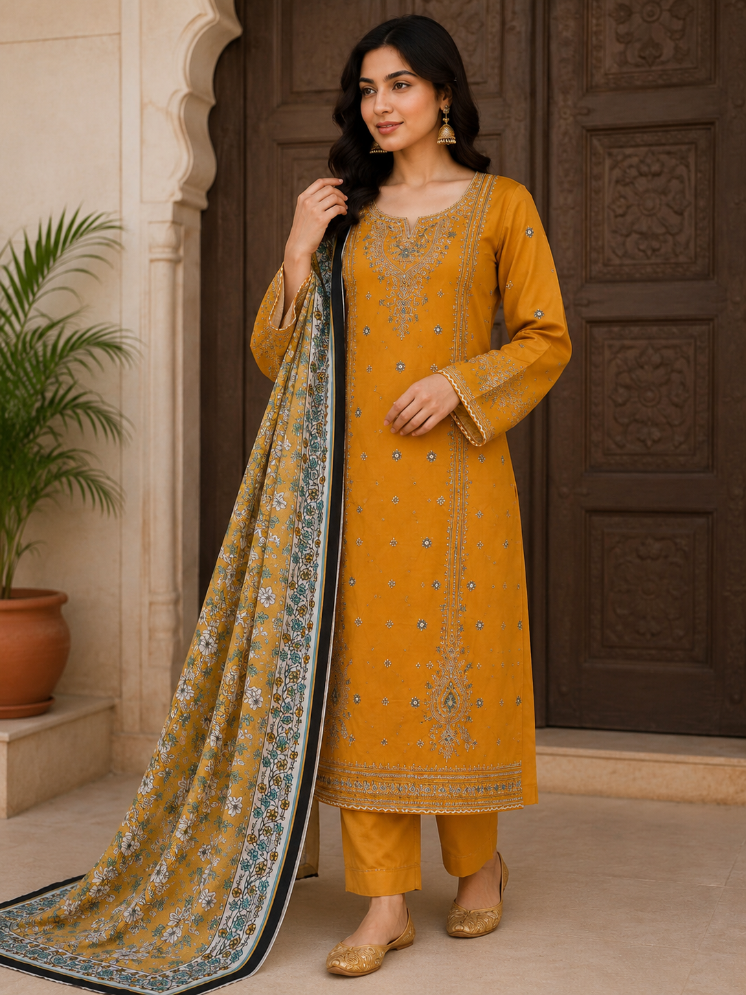 Mustard Embroidered 3-Piece Lawn Suit with Printed Dupatta