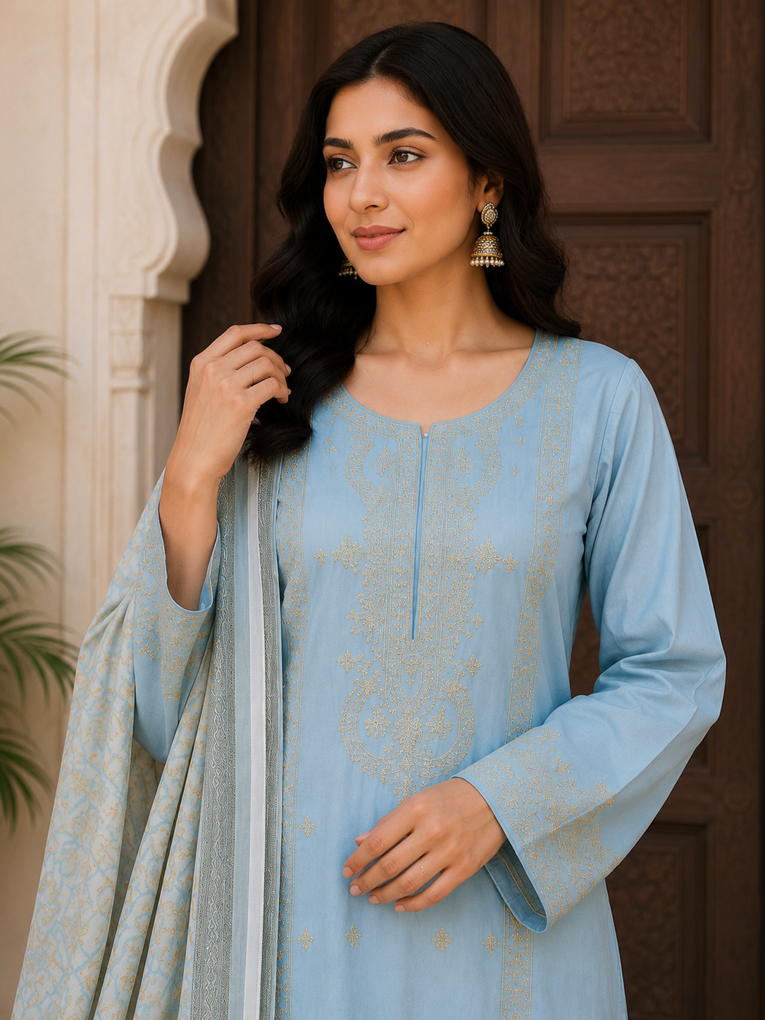 Sky Blue Embroidered 3-Piece Suit with Printed Dupatta