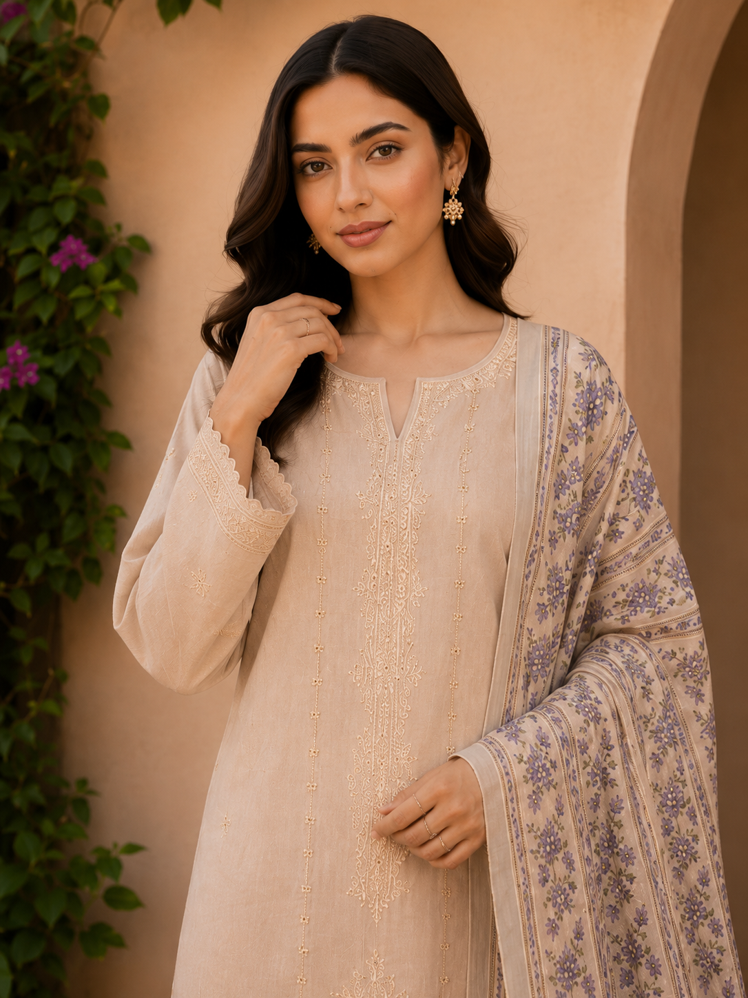 Elegant Beige Embroidered 3-Piece Suit with Printed Dupatta