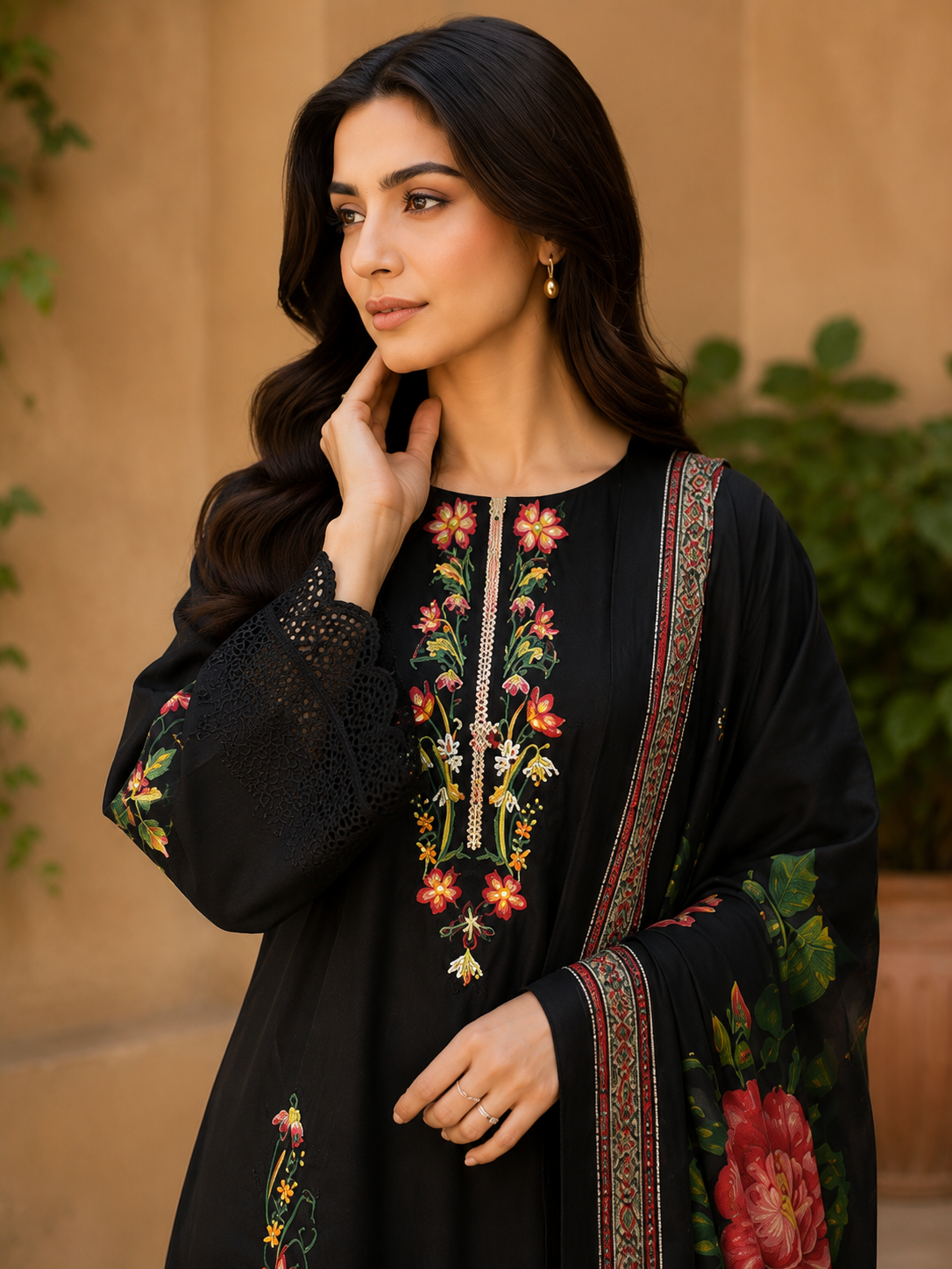 Black Floral Embroidered 3-Piece Lawn Suit