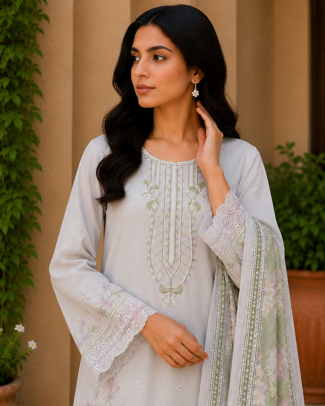 Elegant Pastel Grey Embroidered 3-Piece Suit