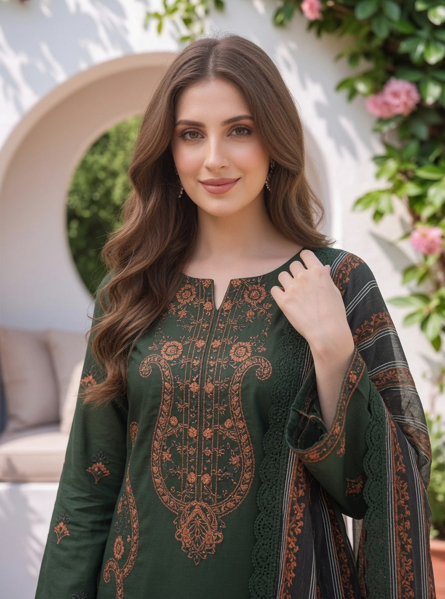 Elegant Olive Green Embroidered 3-Piece Lawn Suit