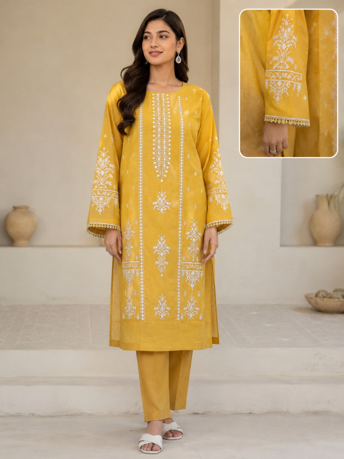 Mustard Yellow Embroidered Lawn Kurta Set for Women