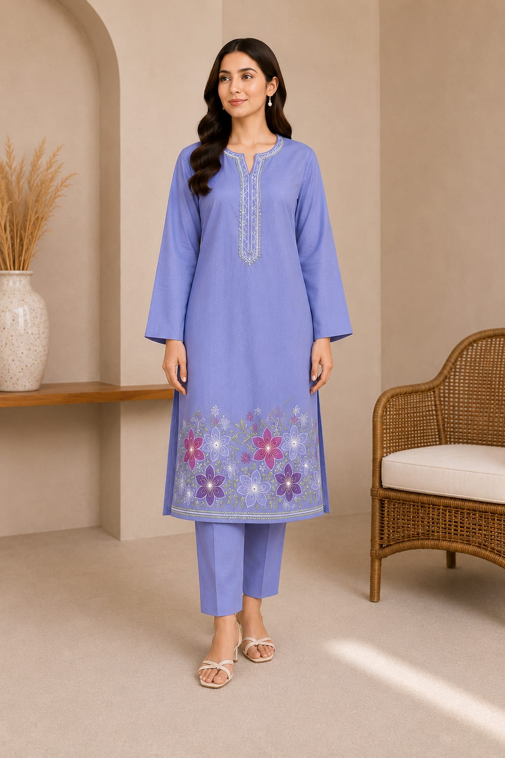Lavender Embroidered 2-Piece Kurta Trouser Set