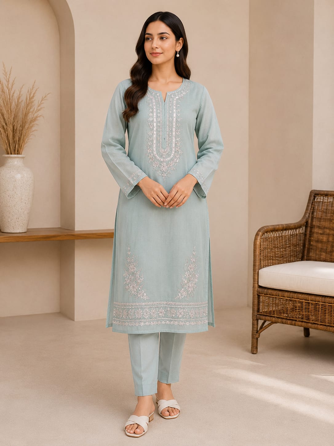 Pastel Mint Embroidered Kurta & Trouser Set for Women