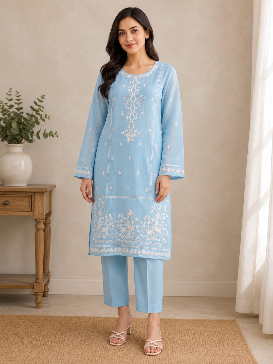 Sky Blue Embroidered Kurta Trouser Set for Women
