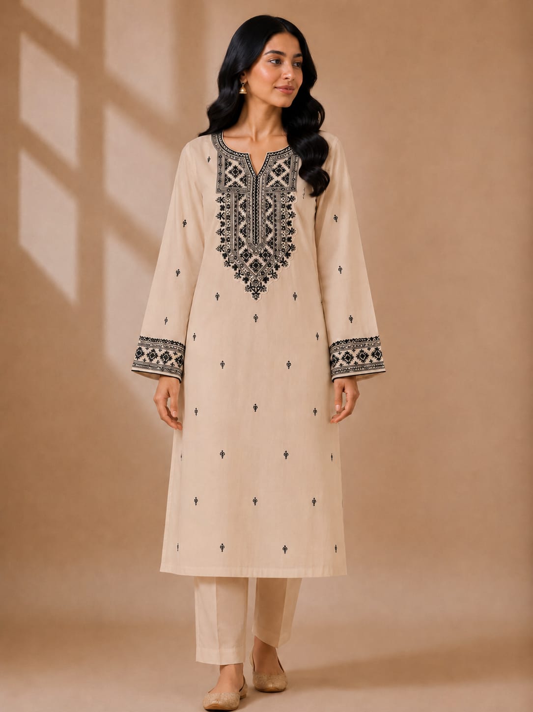 Beige Embroidered Straight Kurta with Trouser Set
