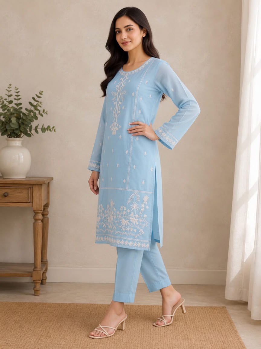 Sky Blue Embroidered Kurta Trouser Set for Women