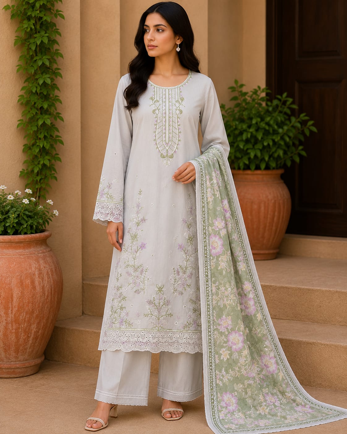Elegant Pastel Grey Embroidered 3-Piece Suit