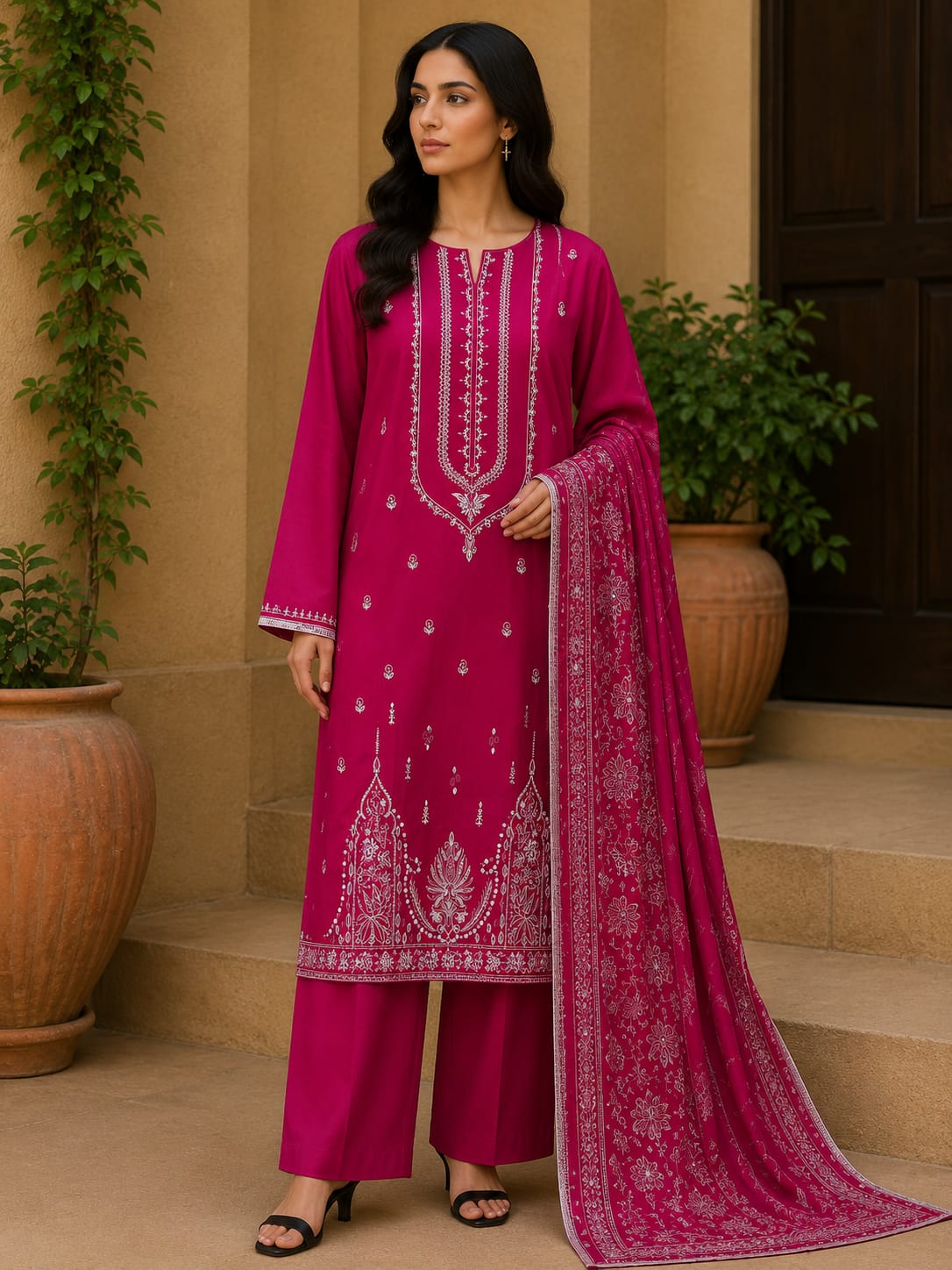 Magenta Embroidered 3-Piece Suit – Timeless Elegance
