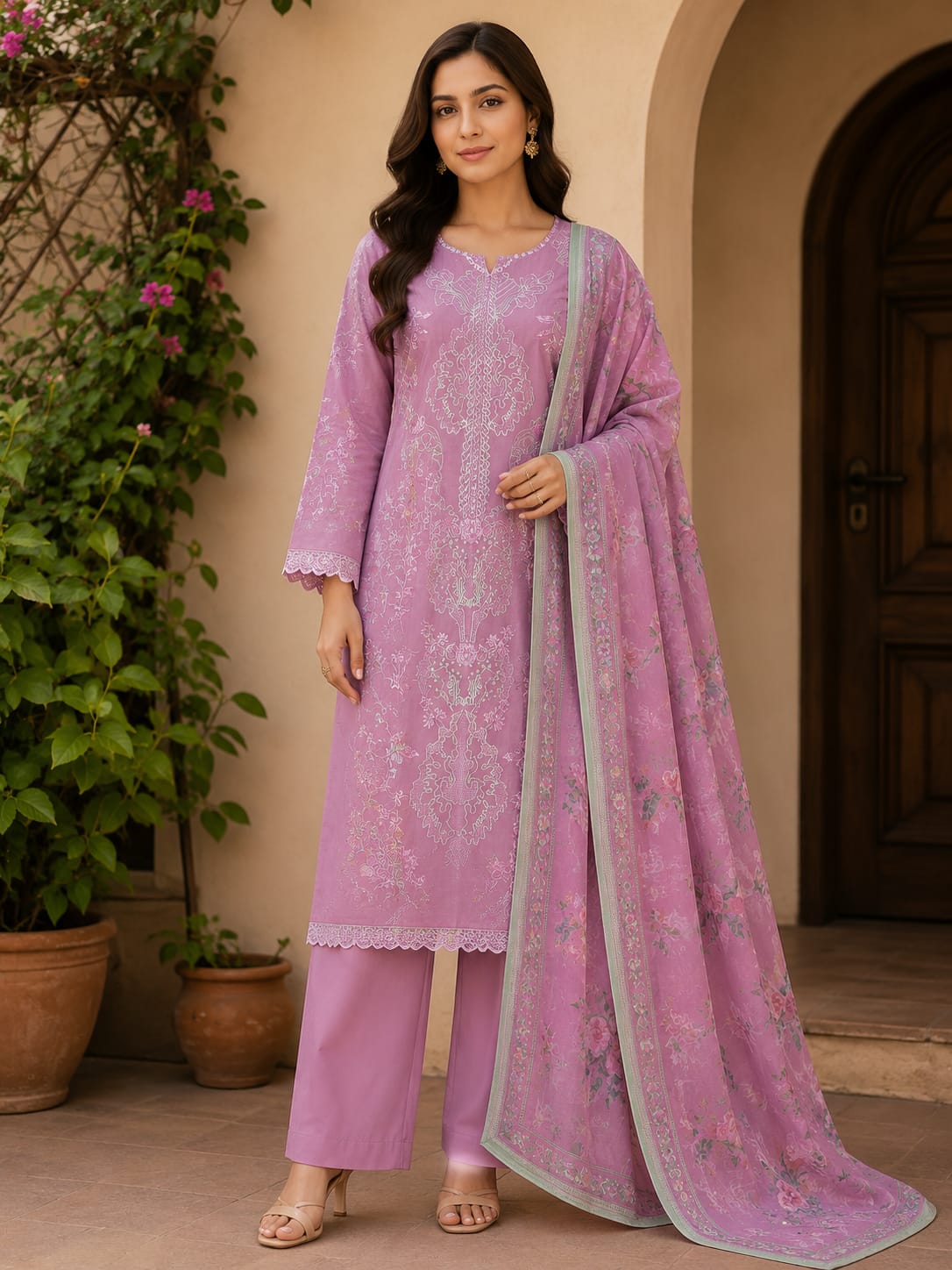 Elegant Lilac Embroidered 3-Piece Suit with Printed Dupatta