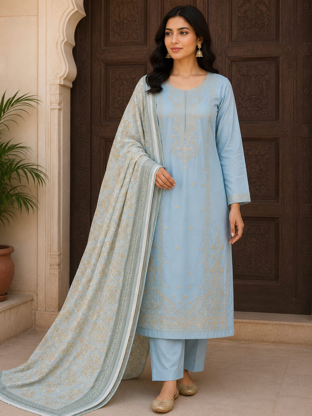 Sky Blue Embroidered 3-Piece Suit with Printed Dupatta