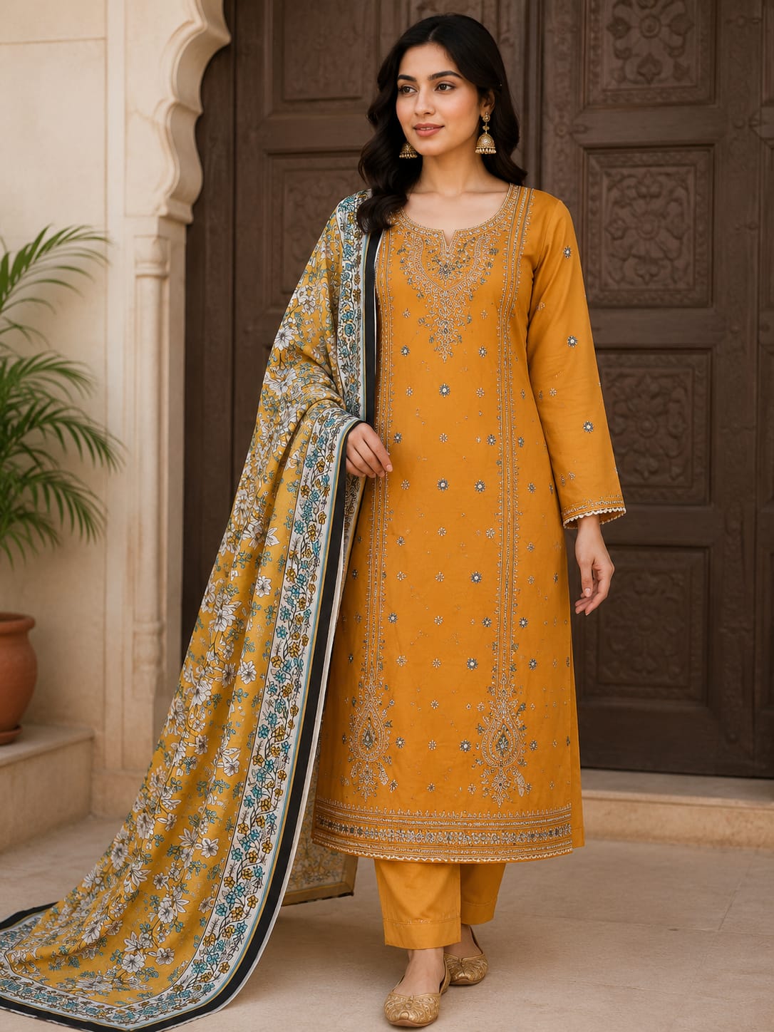Mustard Embroidered 3-Piece Lawn Suit with Printed Dupatta