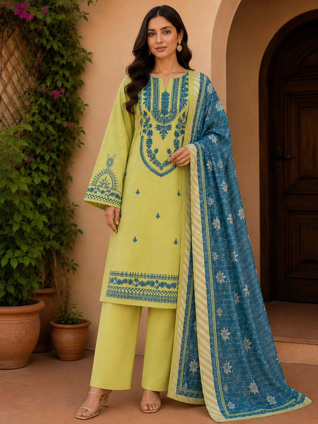 Lime Green Embroidered 3-Piece Lawn Suit with Printed Dupatta