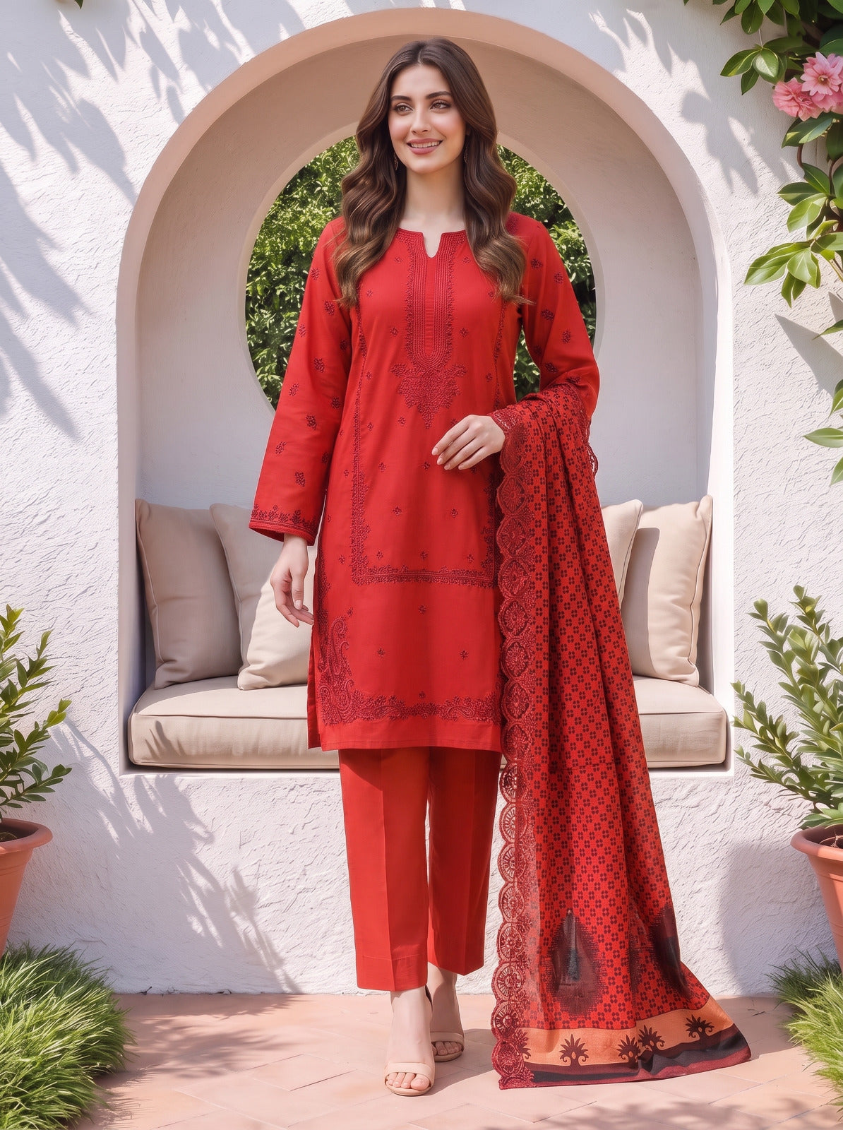 Elegant Red Embroidered 3-Piece Suit