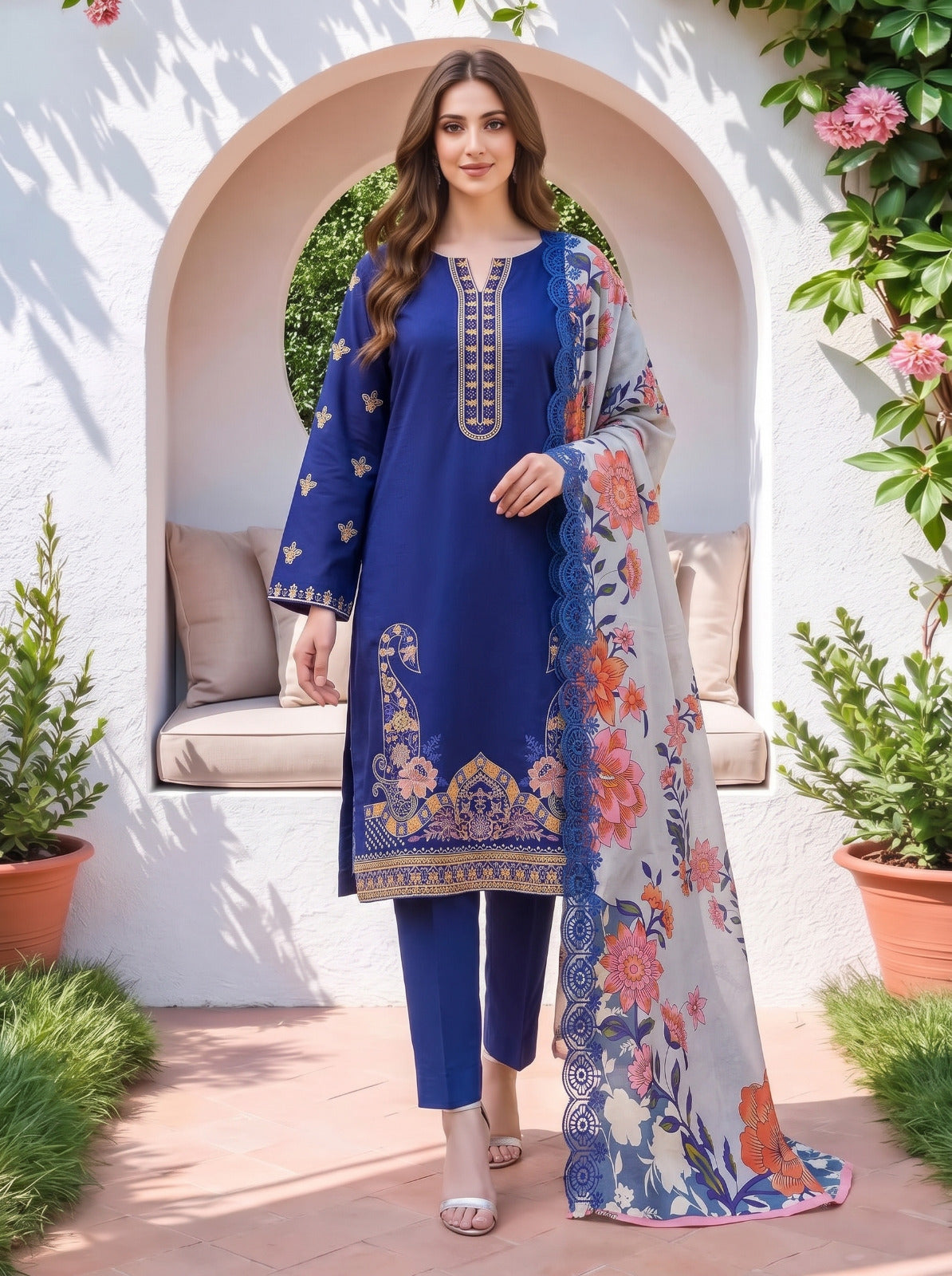 Royal Blue Embroidered 3-Piece Lawn Suit