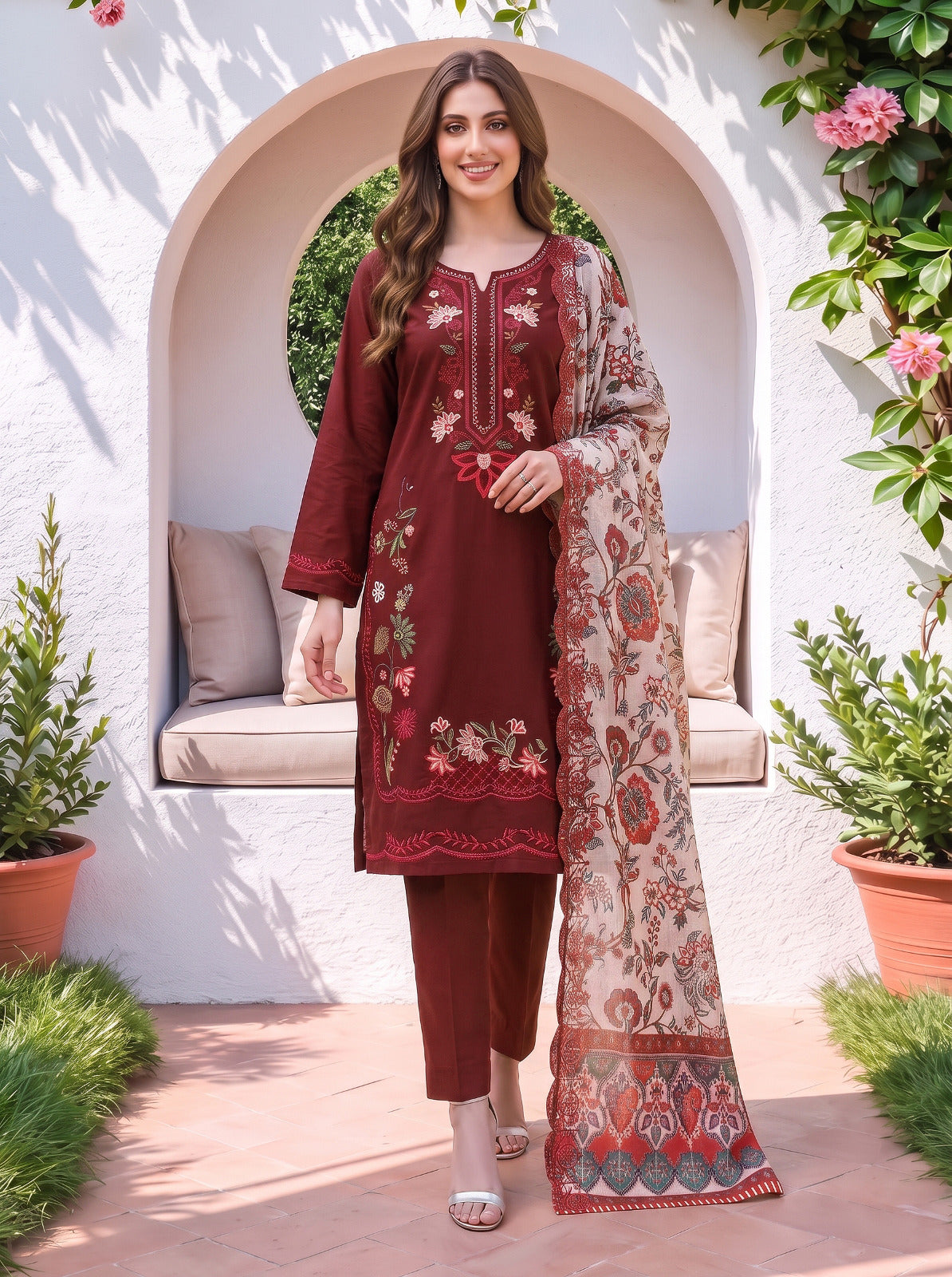 Maroon Embroidered 3-Piece Lawn Suit
