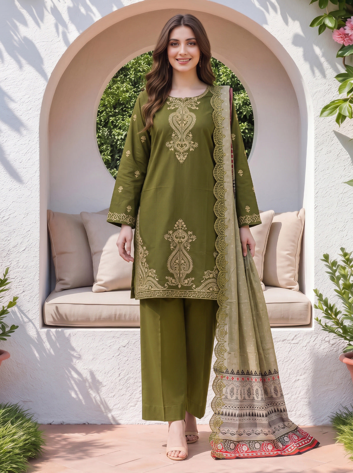 Elegant Olive Green 3-Piece Emborioded Suit