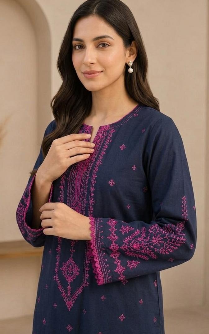 Women'sBlue and pink Embroidered 2-Piece