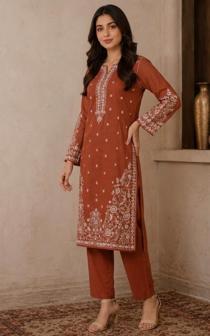 Women's Orange Embroidered 2-Piece