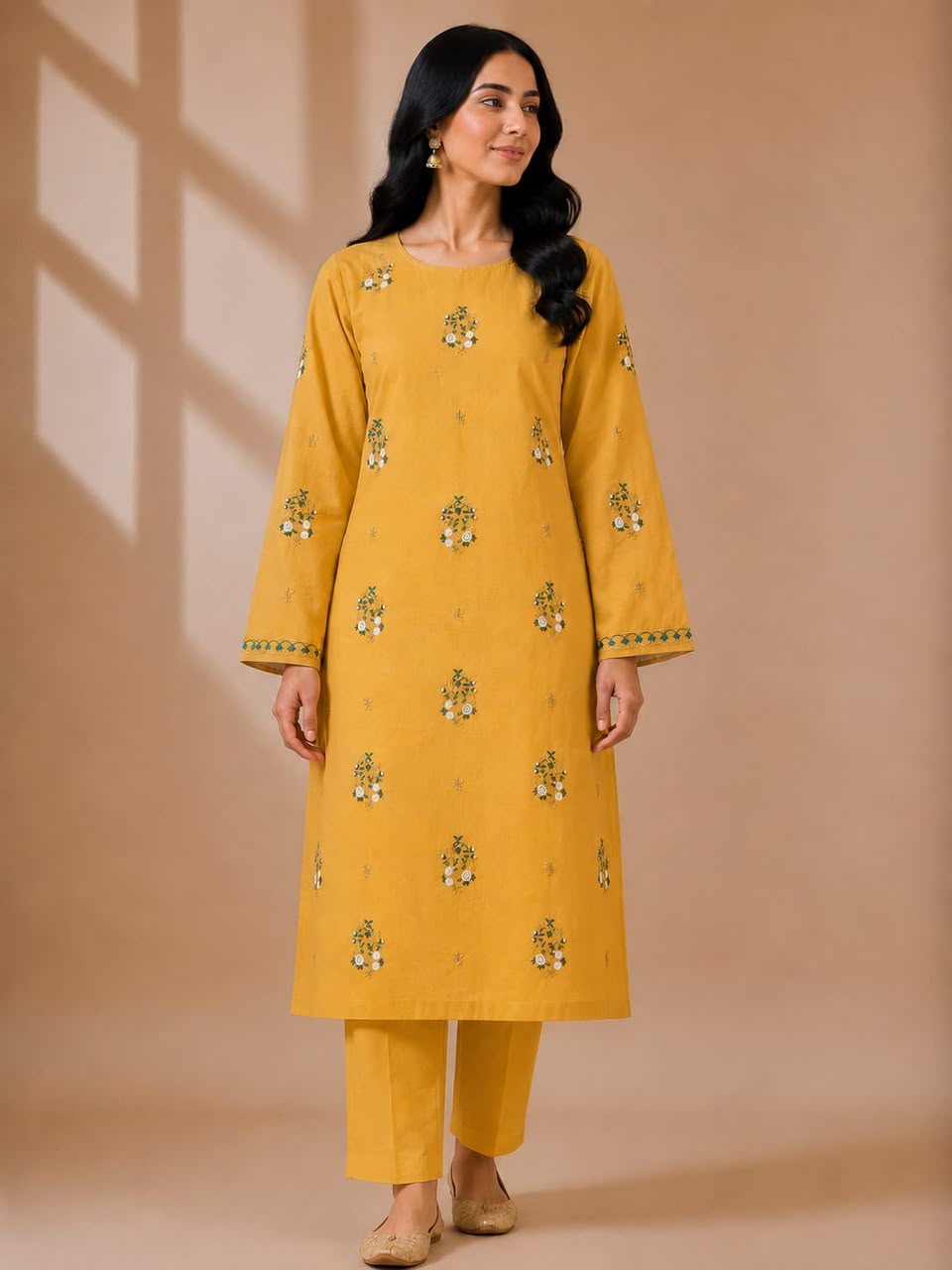 Women's Yellow Embroidered 2-Piece