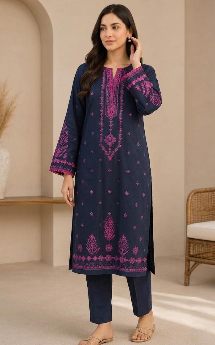 Women'sBlue and pink Embroidered 2-Piece