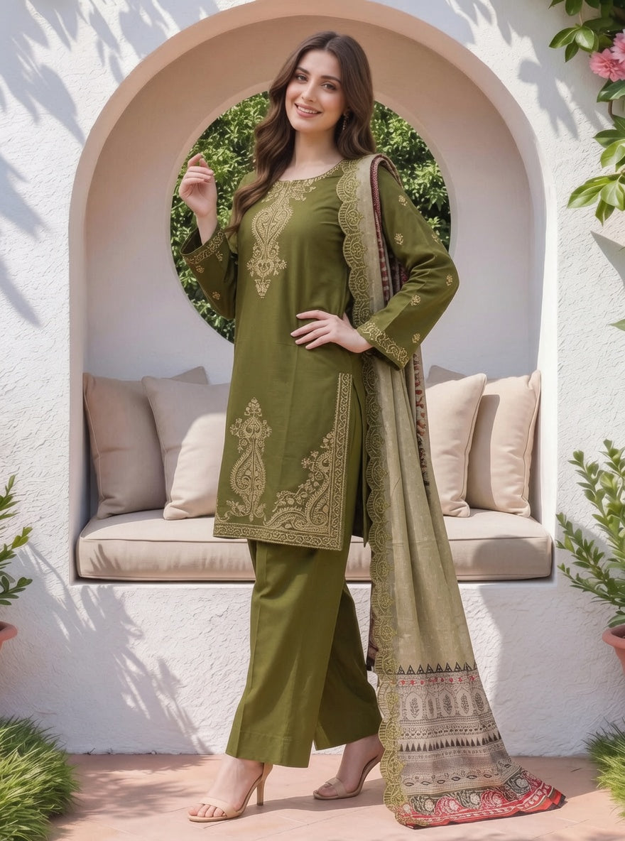 Elegant Olive Green 3-Piece Emborioded Suit