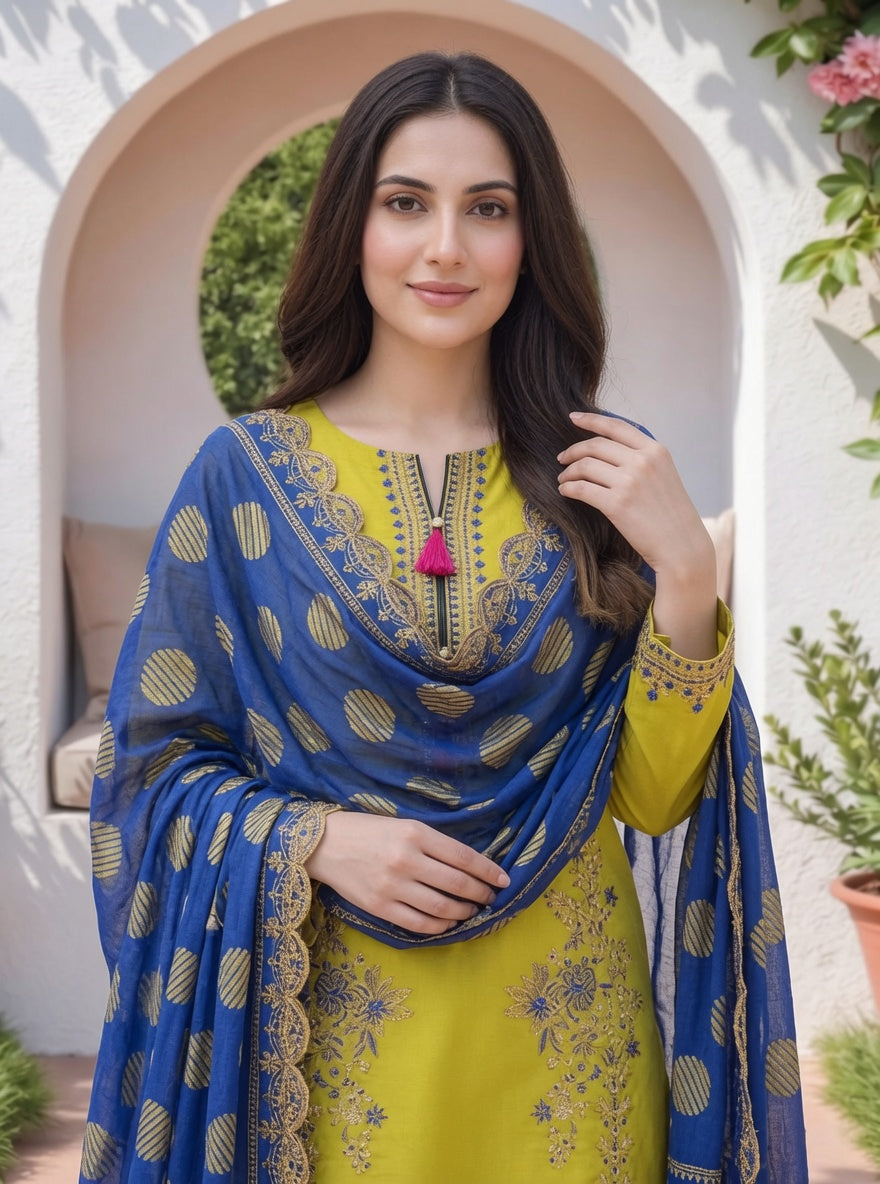 Mustard Yellow 3-Piece Emborioded Lawn Suit with Royal Blue Dupatta