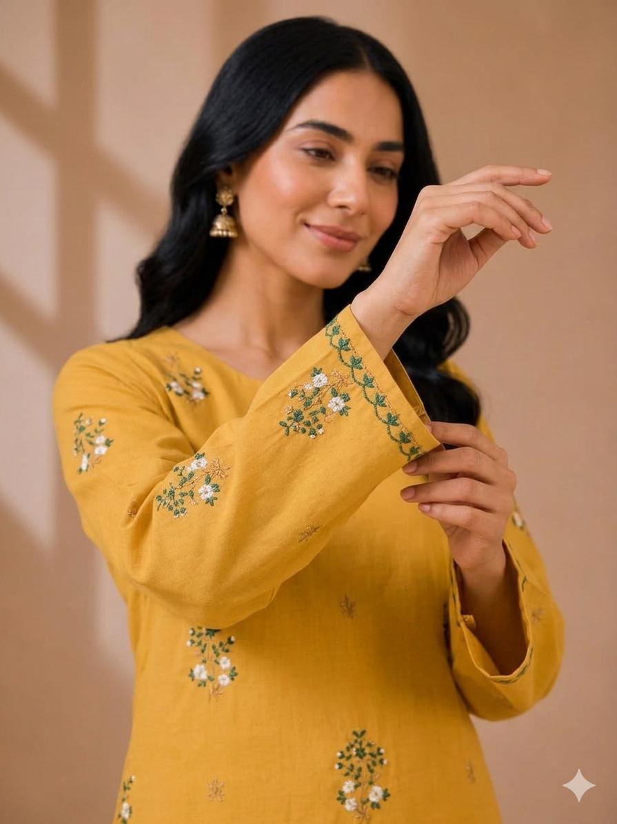 Women's Yellow Embroidered 2-Piece