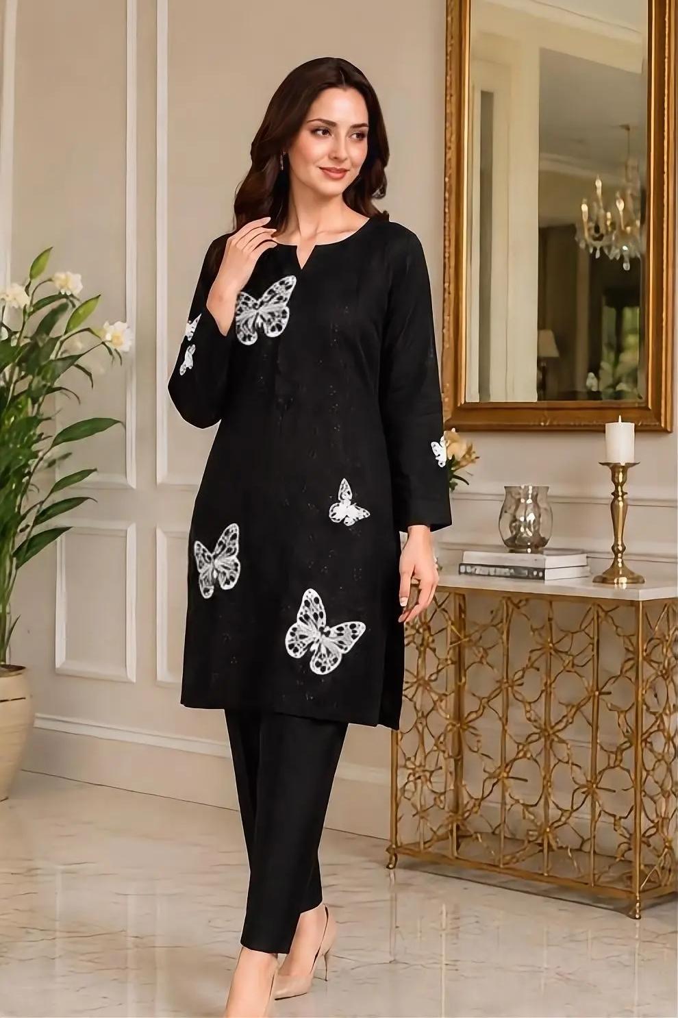 Women's Black Butterfly Print 2-Piece