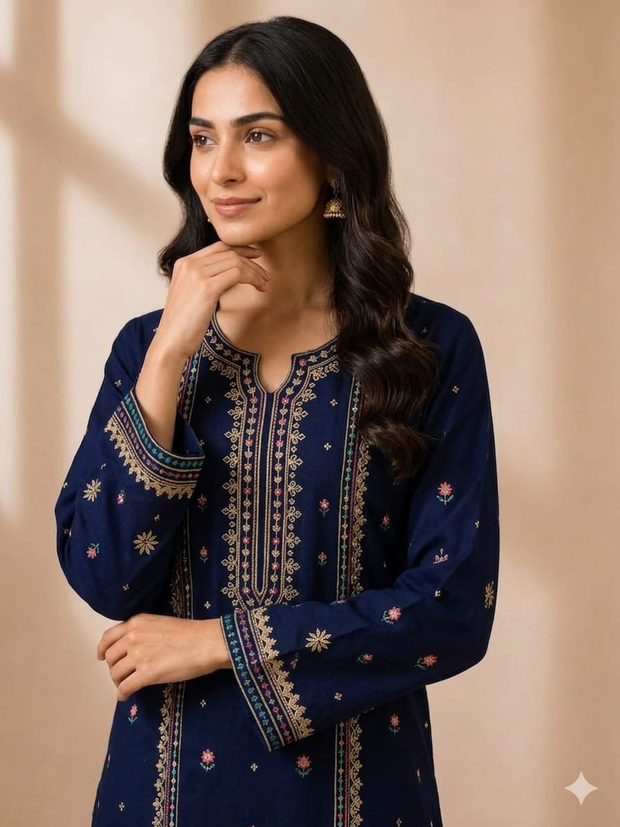 Women's Dark Blue Embroidered 2-Piece