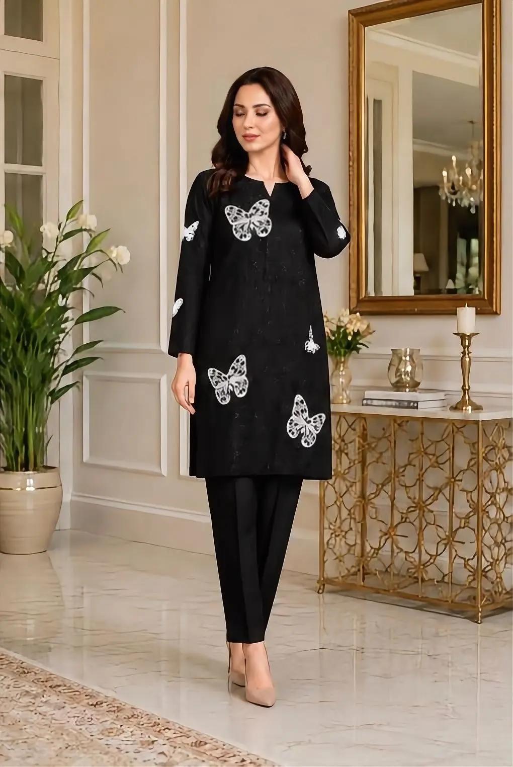 Women's Black Butterfly Print 2-Piece