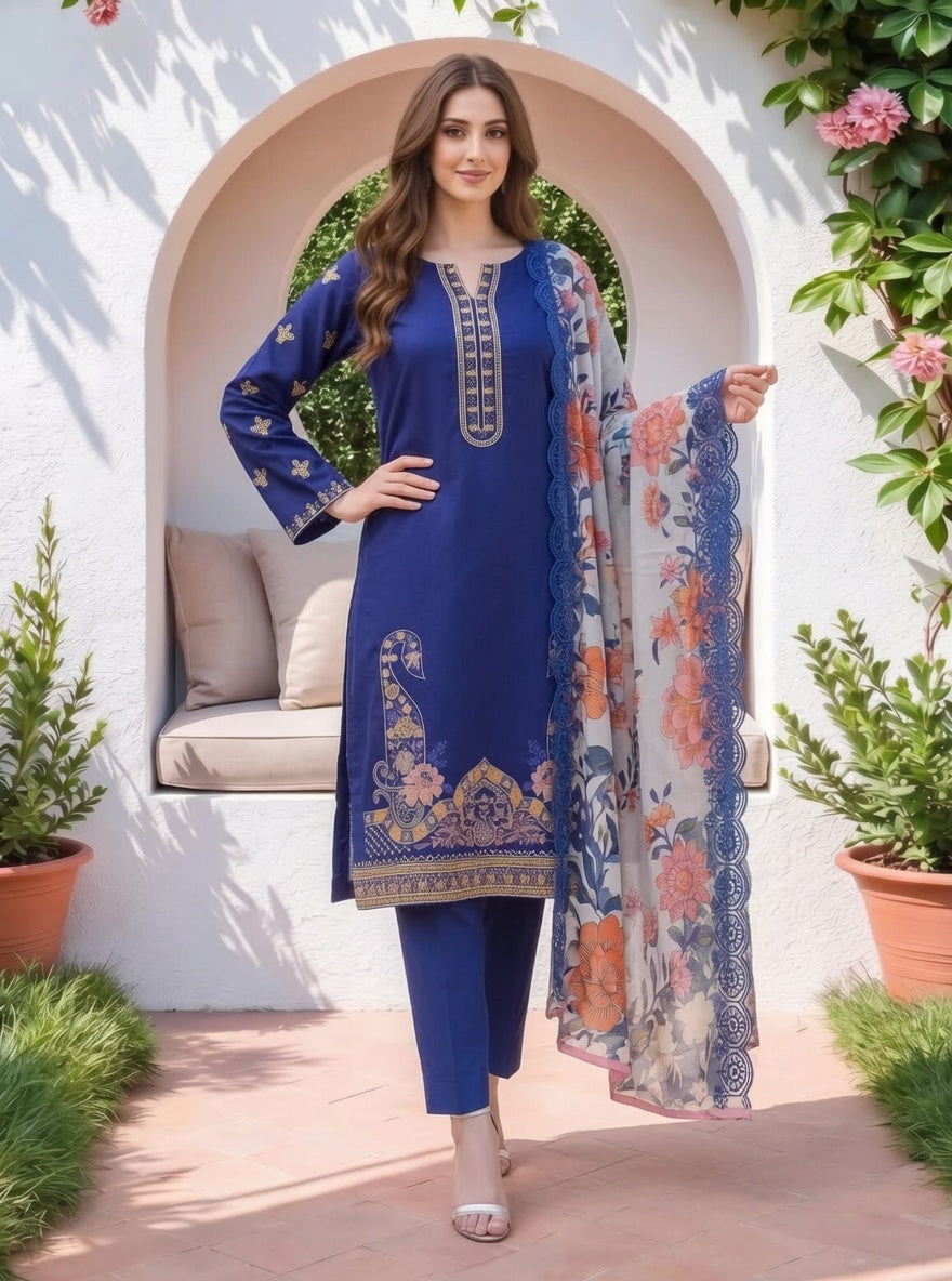 Royal Blue Embroidered 3-Piece Lawn Suit