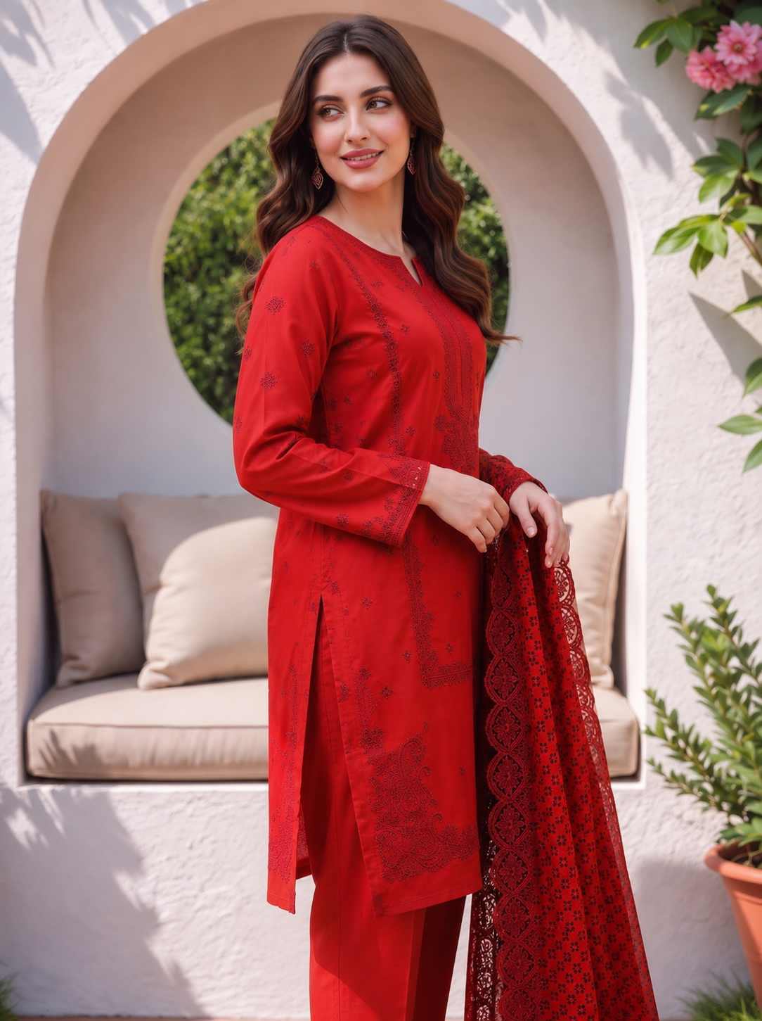 Elegant Red Embroidered 3-Piece Suit