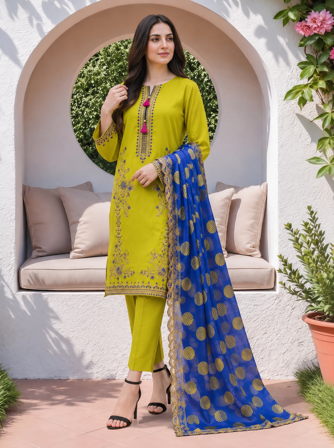 Mustard Yellow 3-Piece Emborioded Lawn Suit with Royal Blue Dupatta