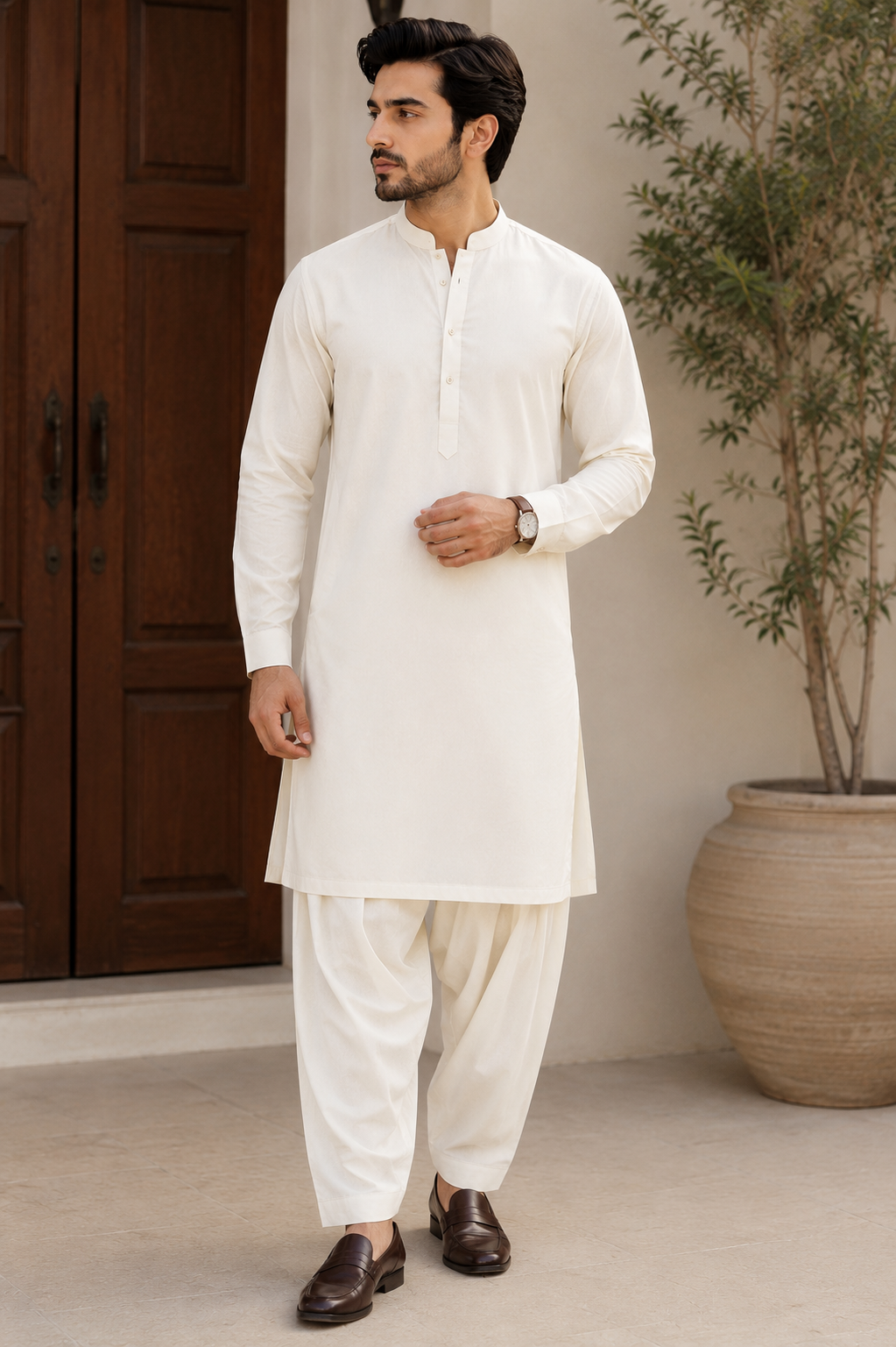 Men's Premium Off-White Wash & Wear Shalwar Kameez