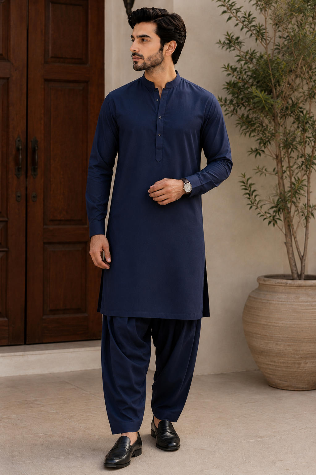 Men's Premium Dark Blue Wash & Wear Shalwar Kameez