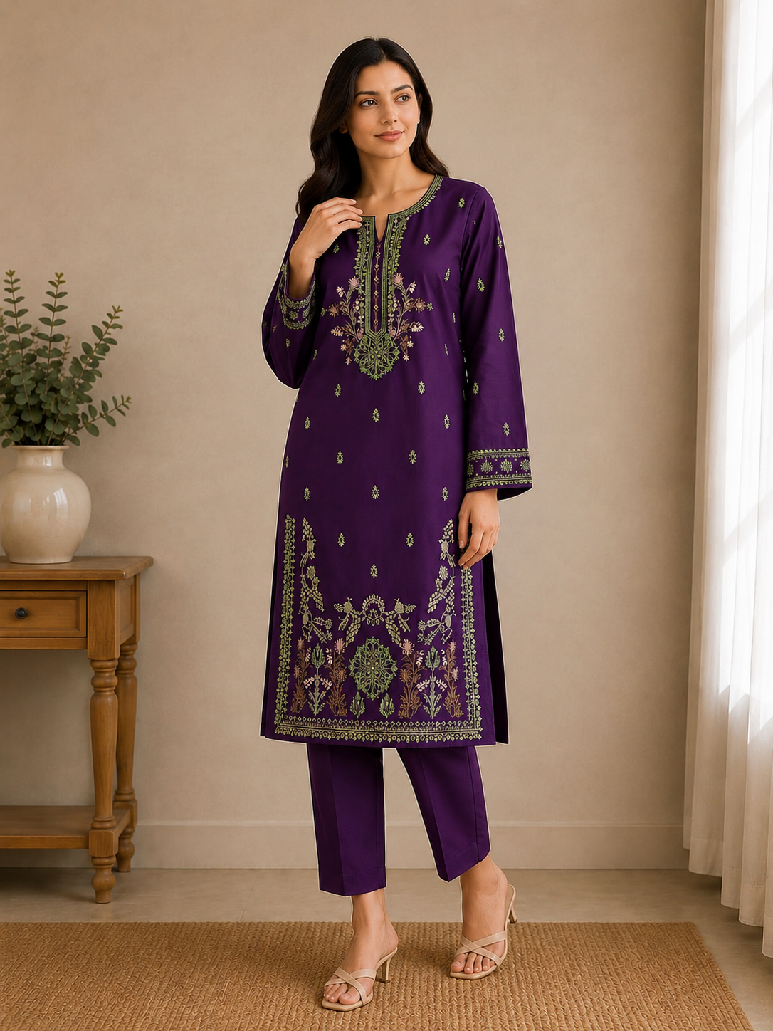 Purple Embroidered Lawn Kurta Trouser Set for Women